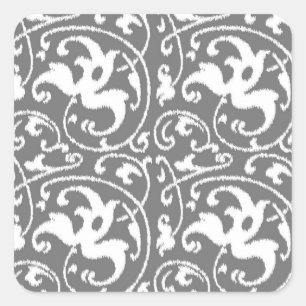 Adesivo Quadrado Ikat Floral Damask - Cinza / Cinza e branco