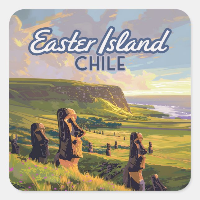 Adesivo Quadrado Ilha páscoa Chile Moai Rapa Nui Polinésia Retro (Frente)