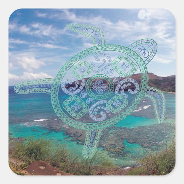 Adesivo Quadrado Ilhas Havaí e Tartaruga Oahu (Frente)