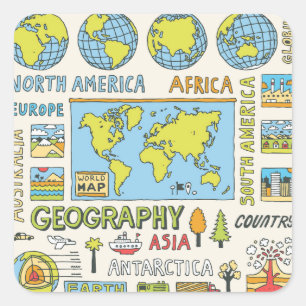 Adesivo Quadrado Ilustração da Geografia da Vintagem Desenhada à Mã