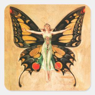 Adesivo Quadrado Ilustração da Mulher Voadora Flapper Butterfly