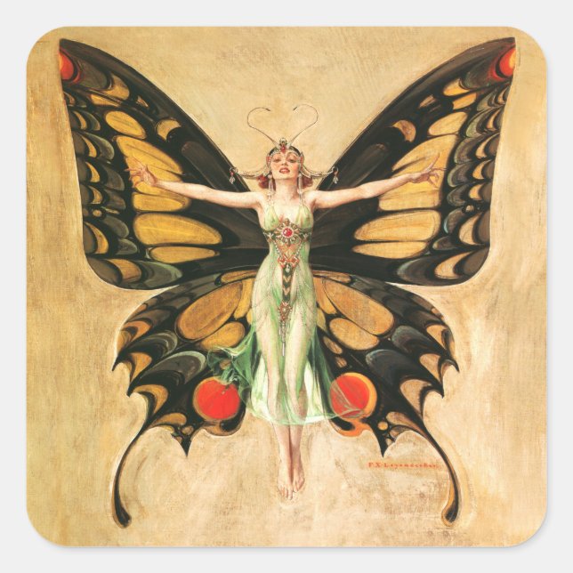 Adesivo Quadrado Ilustração da Mulher Voando Borboleta Flapper (Frente)