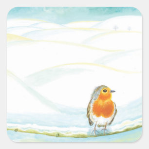 Adesivo Quadrado Ilustração Da Paisagem De Inverno Com Robin