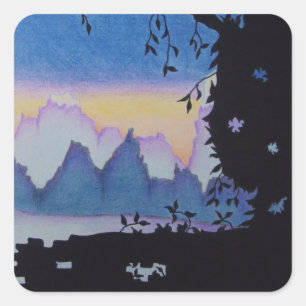 Adesivo Quadrado Ilustração da paisagem do pôr do sol da montanh