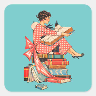Adesivo Quadrado Ilustração de Amante de Livros Antigos Lendo
