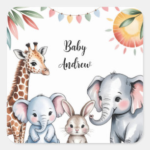 Adesivo Quadrado Ilustração de Animais de Safari em Aquarela Fofa