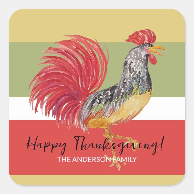 Adesivo Quadrado Ilustração de Aquarela de Rooster Vermelho (Frente)