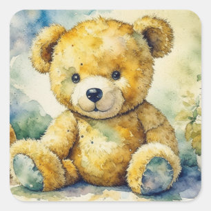 Adesivo Quadrado Ilustração de Aquarela de um Urso de Teddy Obrigad
