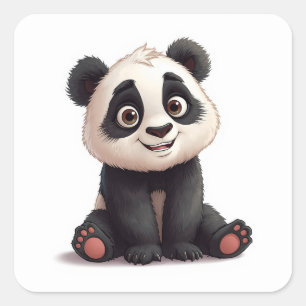 Adesivo Quadrado Ilustração de Arte de Panda Sentado em Cartoon