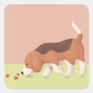 Adesivo Quadrado Ilustração de Beagle e Corações Bonitos