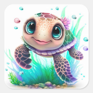 Adesivo Quadrado Ilustração de Bebê Tartaruga Marinha Fofo – Oceano