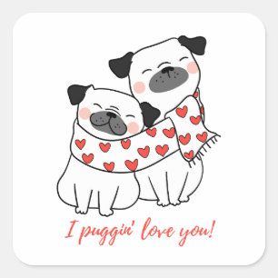 Adesivo Quadrado Ilustração de Casal de Pug Fofo com Corações