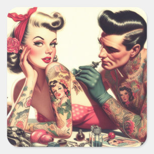 Adesivo Quadrado Ilustração de Casal de Tatuagem na Vintage Old Sch