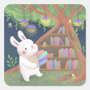 Adesivo Quadrado Ilustração de Coelho Fã de Livros Fofa
