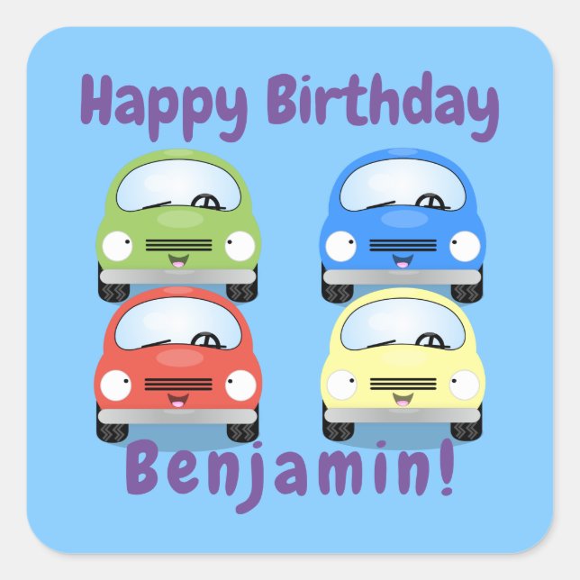 Adesivo Quadrado Ilustração de desenho animado de carro vermelho e  (Frente)