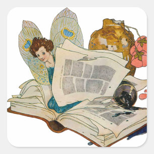 Adesivo Quadrado Ilustração de Fada Devoradora de Livros Antigos