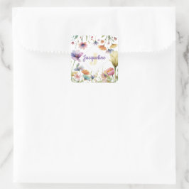 Adesivo Quadrado Ilustração de Flor Selvagem Colorida com Monograma