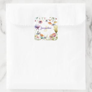 Adesivo Quadrado Ilustração de Flor Selvagem Colorida com Monograma