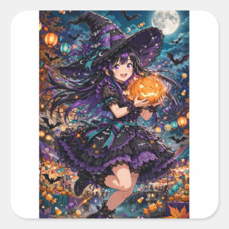 Adesivo Quadrado Ilustração de Garota Bruxa Anime no Halloween