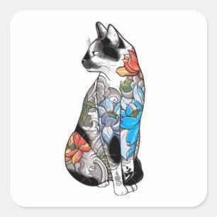 Adesivo Quadrado Ilustração de Gato de Tatuagem Floral - Vibrante, 