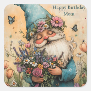 Adesivo Quadrado Ilustração de Gnome de Flor Personalizável