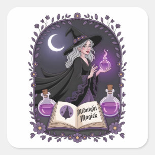 Adesivo Quadrado Ilustração de Magia da Meia-Noite de uma Jovem Bru