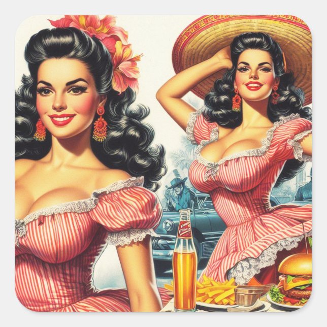 Adesivo Quadrado Ilustração de Mulher Hispânica Vintage (Frente)