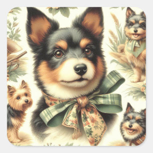 Adesivo Quadrado Ilustração de pintura Terrier australiana Vintage