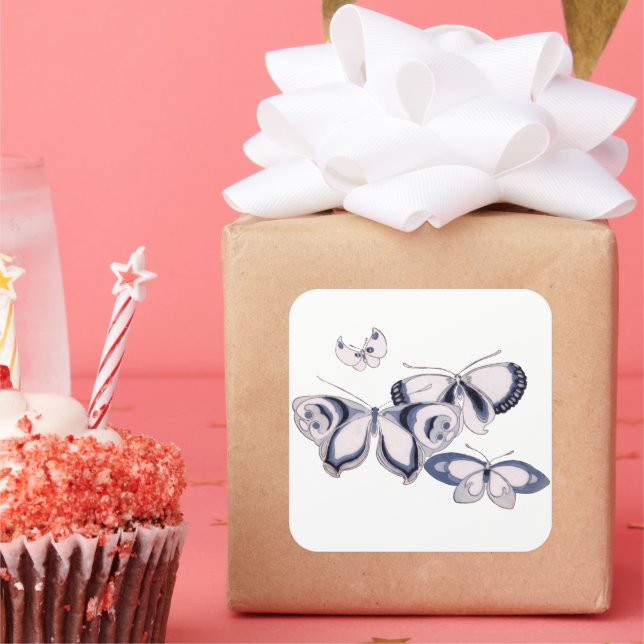 Adesivo Quadrado ilustração de safra, Borboletas Azuis (Festa)