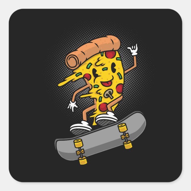 Adesivo Quadrado ilustração de skate de pizza mascote fofa (Frente)