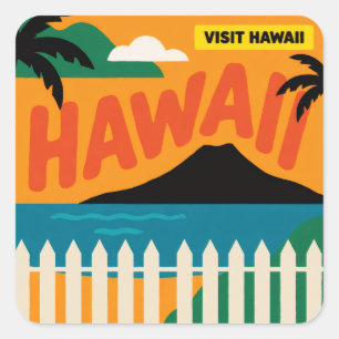 Adesivo Quadrado Ilustração de Viagem das Ilhas Havaianas Vintage R