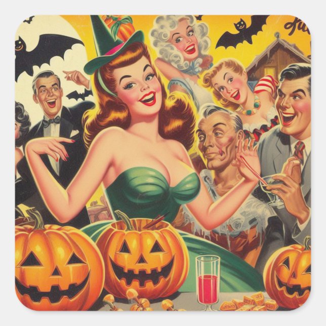 Adesivo Quadrado Ilustração de Vintage Halloween (Frente)