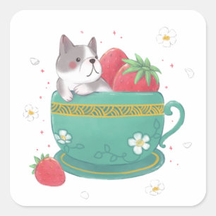 Adesivo Quadrado Ilustração do Bulldog Francês, Morangos e Taça