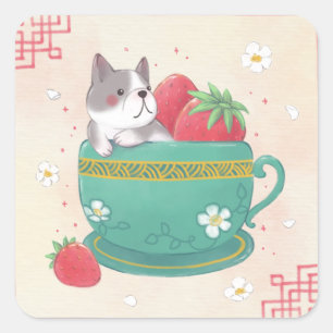 Adesivo Quadrado Ilustração do Bulldog Francês, Morangos e Taça