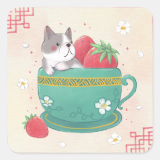 Adesivo Quadrado Ilustração do Bulldog Francês, Morangos e Taça