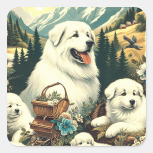 Adesivo Quadrado Ilustração do Cão em Pirenéus Excelentes Vintage