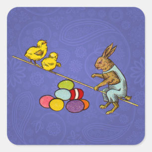 Adesivo Quadrado Ilustração do coelho de Páscoa chocando ovos