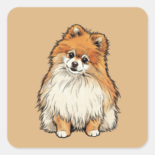 Adesivo Quadrado Ilustração em Meios-Tons de Cachorro Pomerânia em