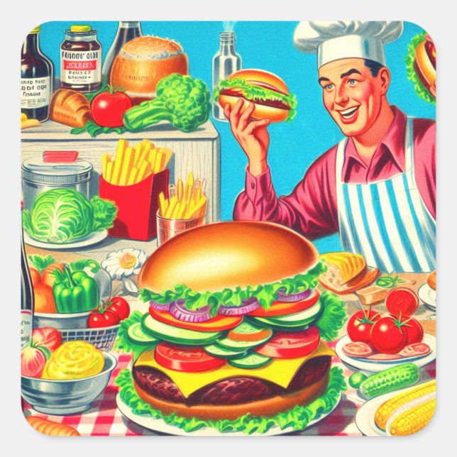 Adesivo Quadrado Ilustração em Quadrinhos Retro Hamburger (Frente)