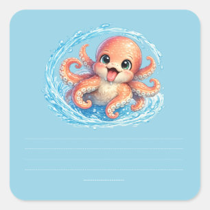 Adesivo Quadrado Ilustração Feliz de um Polvo Fofo Kawaii da Vida M