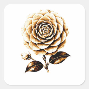 Adesivo Quadrado Ilustração Floral de Rosa de Bronze Elegante em Ma