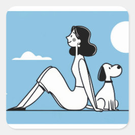 Adesivo Quadrado Ilustração Minimalista de Mulher e Cachorro