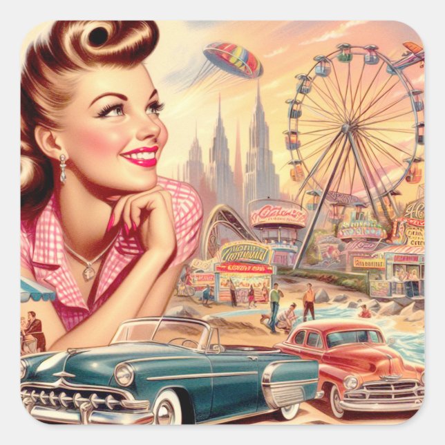 Adesivo Quadrado Ilustração Pin-Up da Beleza Vintage (Frente)