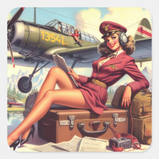 Adesivo Quadrado Ilustração Pin-Up do Avião Vintage