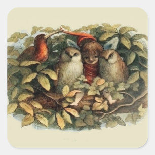 Adesivo Quadrado Ilustração Rich Natural de Corujas e Elf Fairies