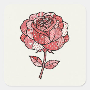 Adesivo Quadrado Ilustração Romântica de Rosa com Remendo Vermelho