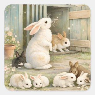 Adesivo Quadrado Ilustração Vintage de Jardim de Coelho   Cottageco