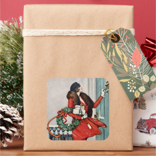 Adesivo Quadrado Ilustração Vintage de Natal na Soleira da Porta