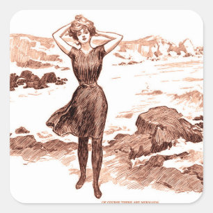 Adesivo Quadrado Ilustração Vintage Gibson Girl Praia Sereia Banhis