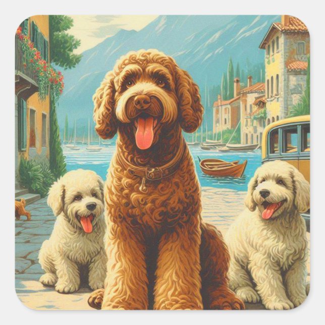 Adesivo Quadrado Ilustração Vintage Lagotto Romagnolo (Frente)